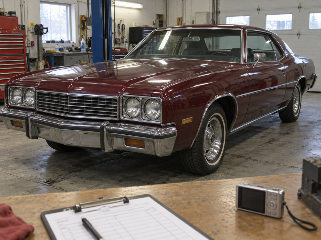 Illustrative classic vehicle appraisal with inspection paperwork and a digital camera