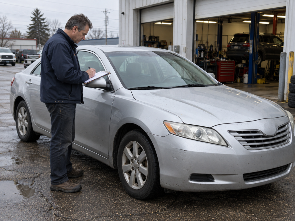 Illustrative vehicle appraiser inspecting a silver sedan outside a workshop